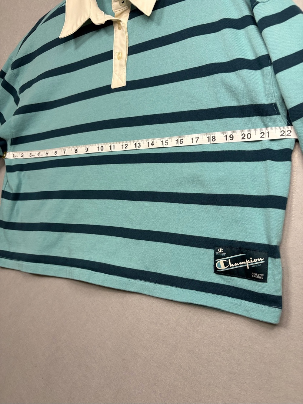 Champion Cropped Striped Rugby Top in Teal & Navy 100% cotton sz XL - Picture 8 of 9